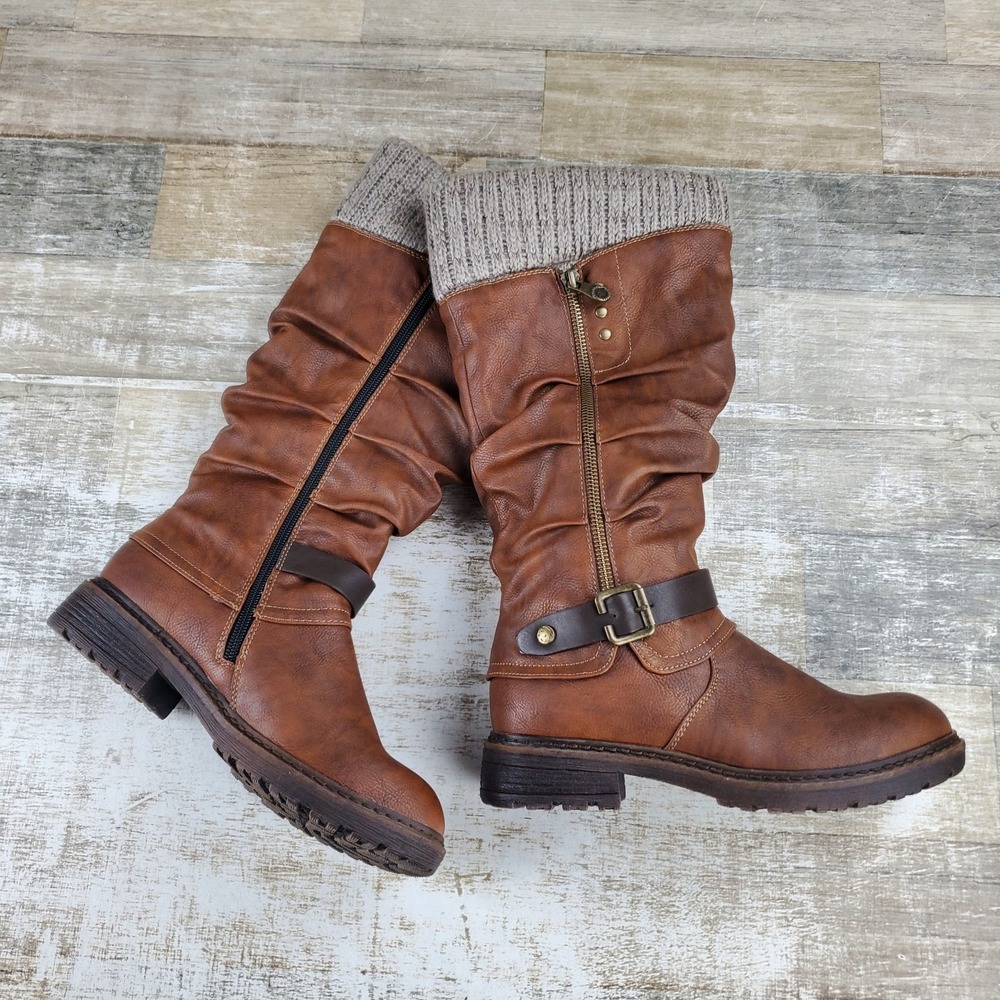 Patrizia Rowin Womens Knee High Boots Sz 5.5 Mid-Tone Brown Leather Side Zipper